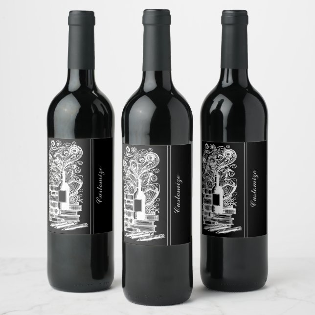 Black And White Books And Wine 4 Label (Bottles)