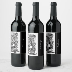 Black And White Books And Wine   Label