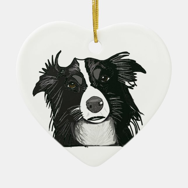 Black and White Border Collie Ceramic Heart Tree Decoration (Front)