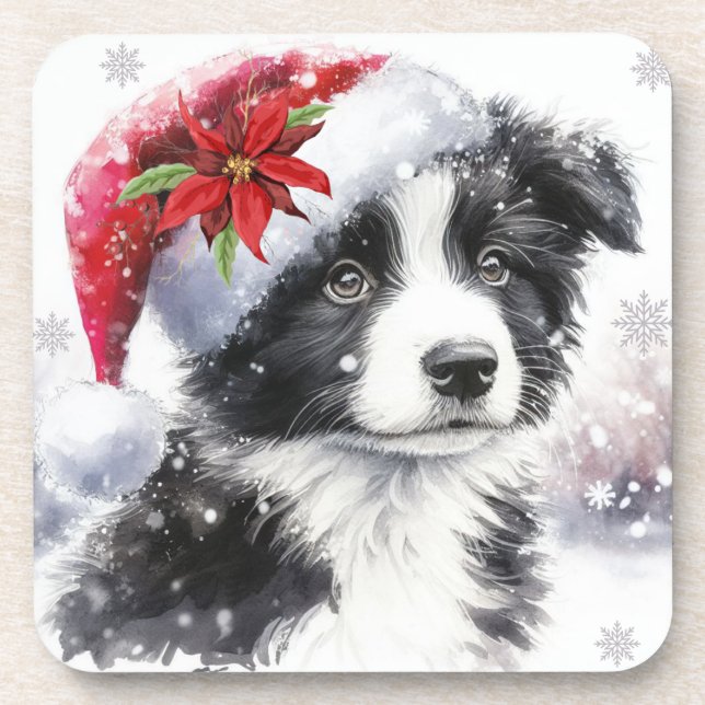 Black and White Border Collie Hard plastic coaster (Front)
