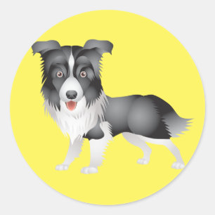 Black And White Border Collie Puppy Dog Yellow Classic Round Sticker