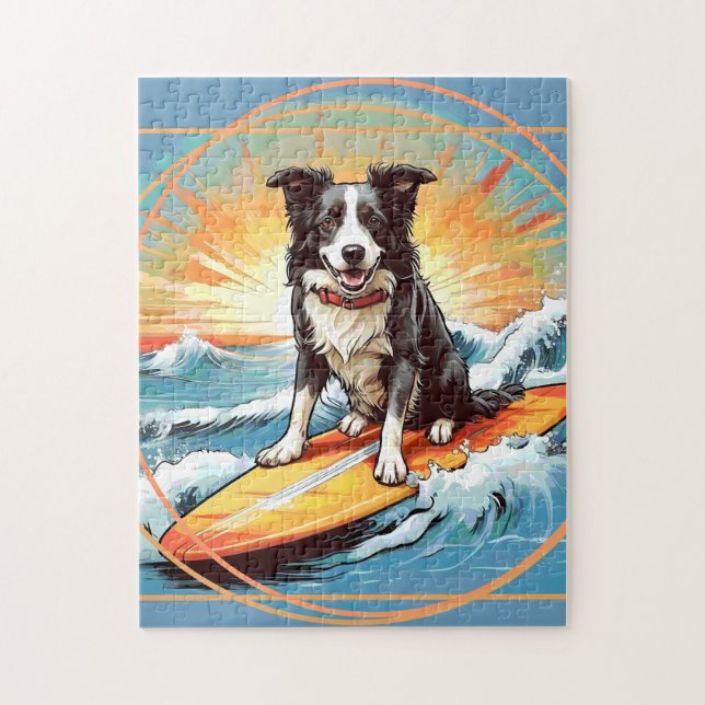 Black and White Border Collie Surfing Jigsaw Puzzle (Vertical)