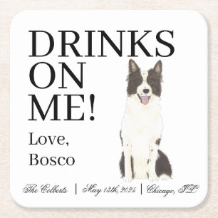 Black and White Border Collie Wedding Square Paper Coaster
