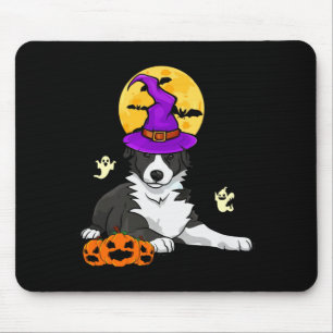 Black And White Border Collie Witch Halloween Mouse Pad
