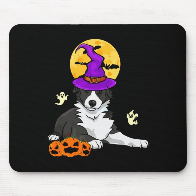 Black And White Border Collie Witch Halloween Mouse Pad (Front)