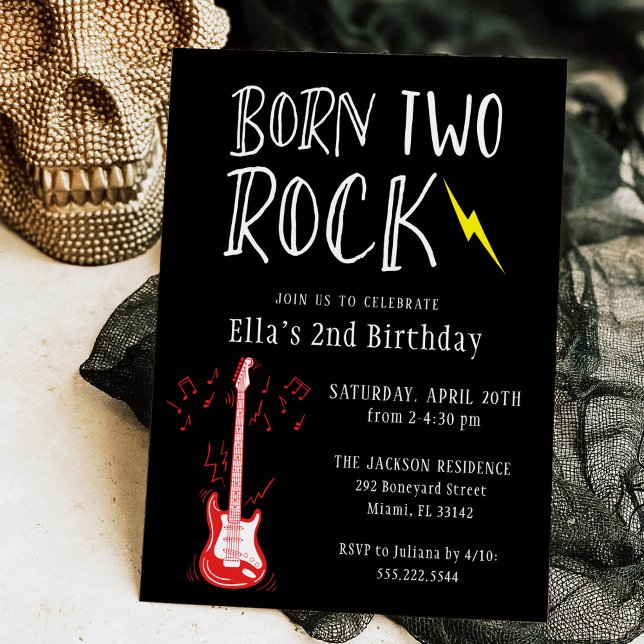 Black and White Born Two Rock Guitar 2nd Birthday Invitation (Creator Uploaded)