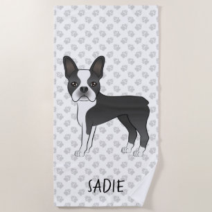 Black And White Boston Terrier Cartoon Dog & Name Beach Towel