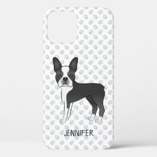 Black And White Boston Terrier Cartoon Dog & Name iPhone 12 Case