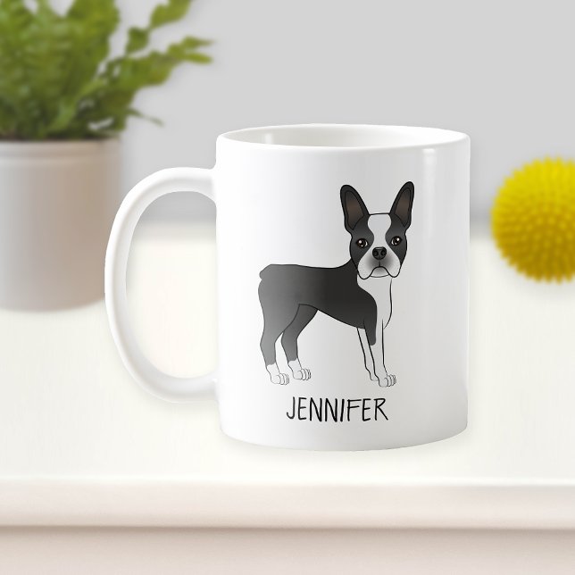 Black And White Boston Terrier Cartoon Dog & Name Coffee Mug (Creator Uploaded)