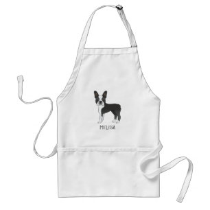 Black And White Boston Terrier Cartoon Dog & Name Standard Apron