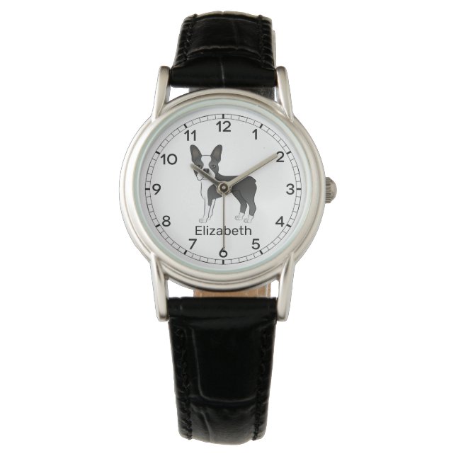 Black And White Boston Terrier Cartoon Dog & Name Watch (Front)