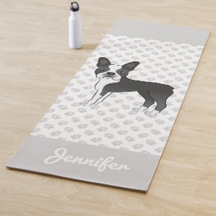 Black And White Boston Terrier Cartoon Dog & Name Yoga Mat