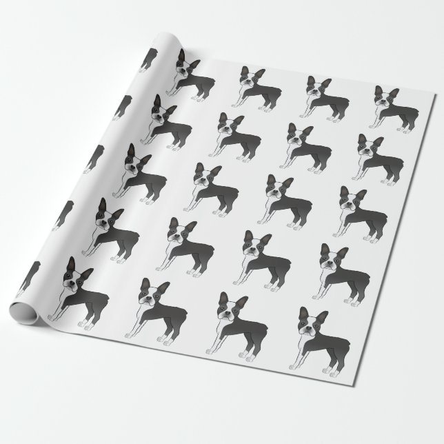 Black And White Boston Terrier Cartoon Dog Pattern Wrapping Paper (Unrolled)
