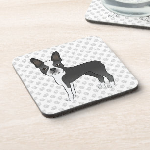 Black And White Boston Terrier Cartoon Dog & Paws Coaster