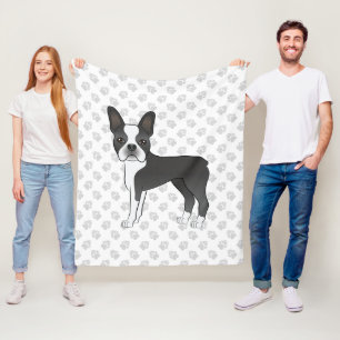 Black And White Boston Terrier Cartoon Dog & Paws Fleece Blanket