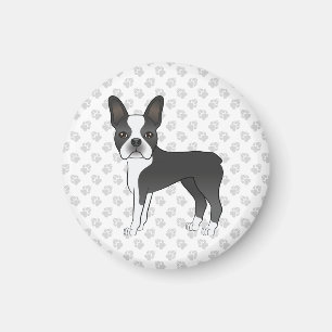 Black And White Boston Terrier Cartoon Dog & Paws Magnet
