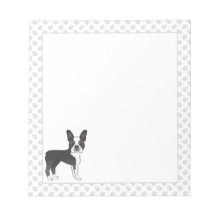 Black And White Boston Terrier Cartoon Dog & Paws Notepad