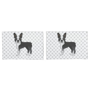Black And White Boston Terrier Cartoon Dog & Paws Pillowcase