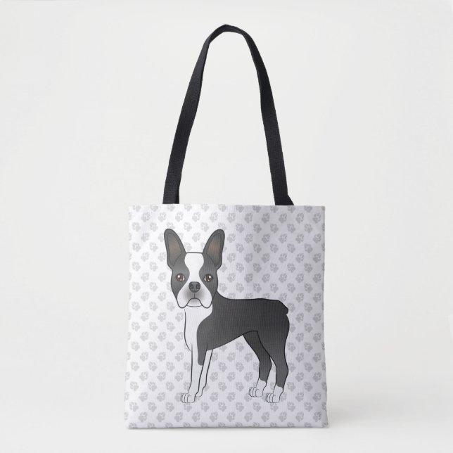 Black And White Boston Terrier Cartoon Dog & Paws Tote Bag (Front)