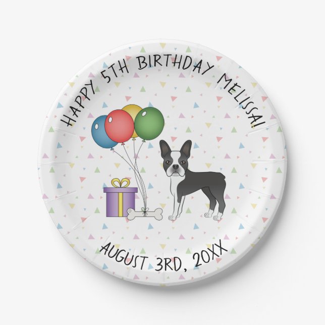 Black And White Boston Terrier Cute Dog - Birthday Paper Plate (Front)