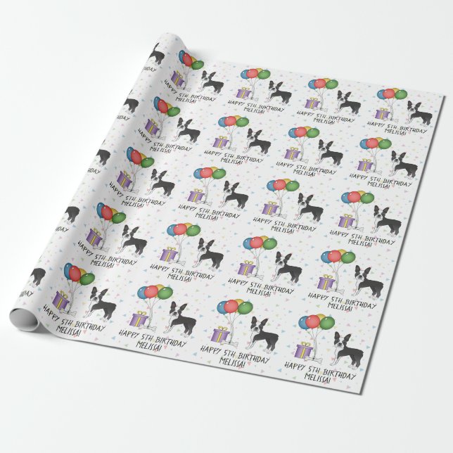 Black And White Boston Terrier Cute Dog - Birthday Wrapping Paper (Unrolled)
