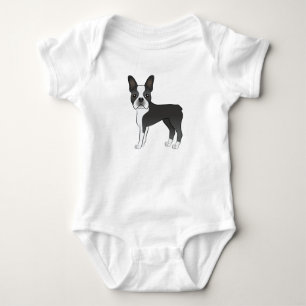 Black And White Boston Terrier Dog Illustration Baby Bodysuit