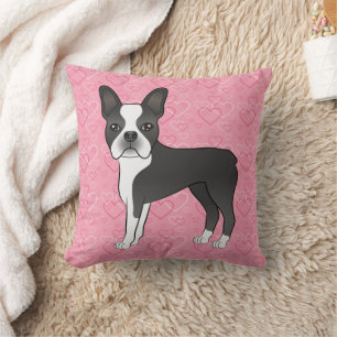 Black And White Boston Terrier Dog On Pink Hearts Cushion