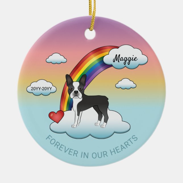 Black And White Boston Terrier Rainbow Memorial Ceramic Tree Decoration (Front)