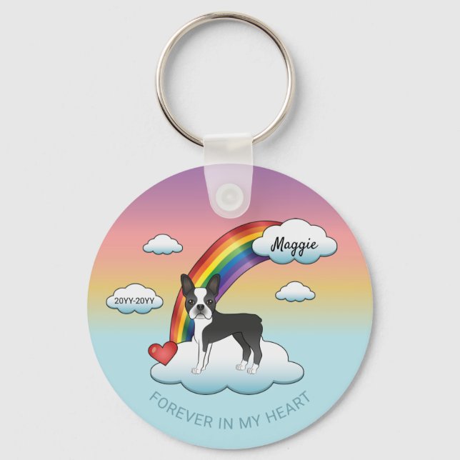 Black And White Boston Terrier Rainbow Memorial Key Ring (Front)