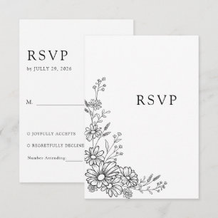 Black and White Botanic Daisy Traditional Wedding RSVP Card