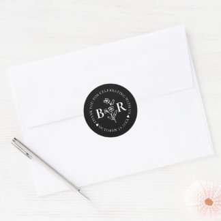 black and white  Botanical Custom  Monogram  Classic Round Sticker