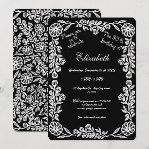Black and White Botanical Floral 30th Birthday Invitation