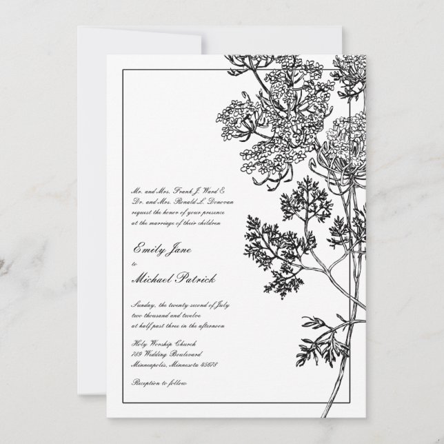 Black and White Botanical Illustration Wedding Invitation (Front)