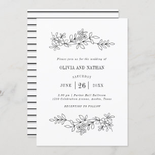 Black and White Botanical Line Drawings   Wedding Invitation