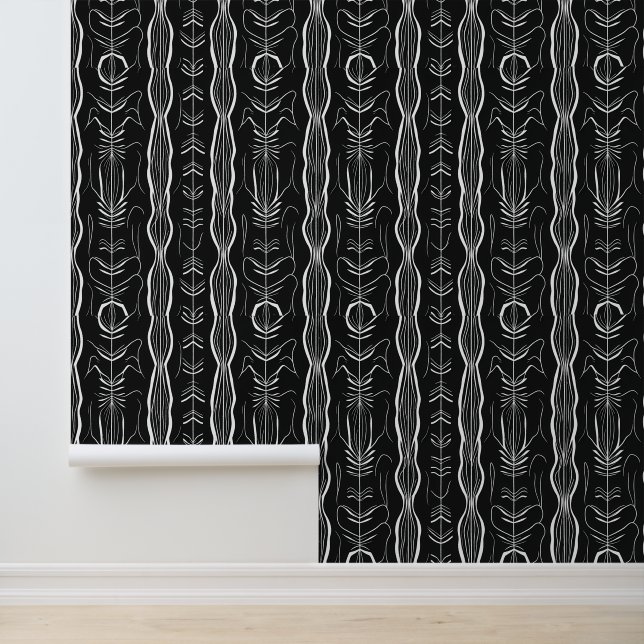Black and White Botanical Line Pattern Wallpaper (Application)