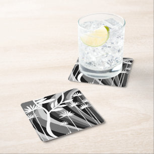 Black and White Botanical Plant Design Square Paper Coaster