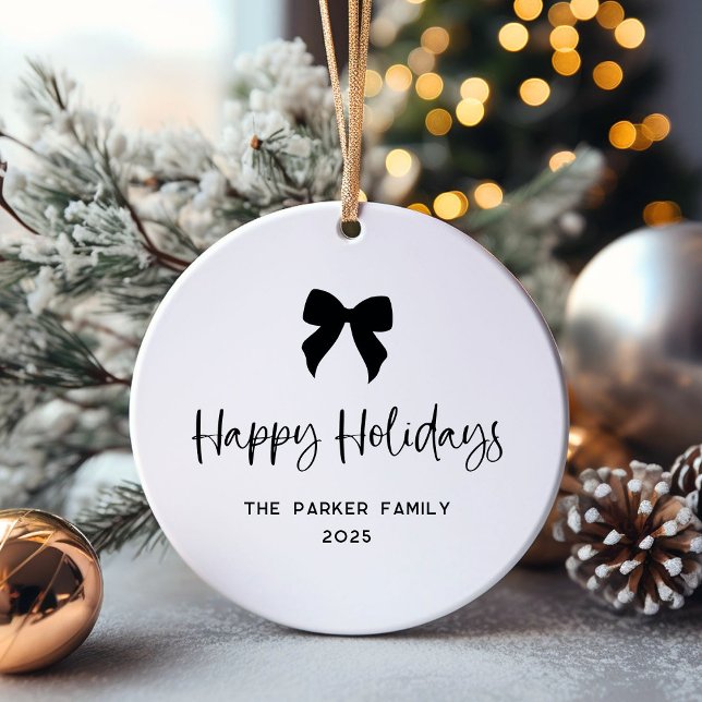 Black and White | Bow and Photo Happy Holidays Ceramic Tree Decoration (Creator Uploaded)