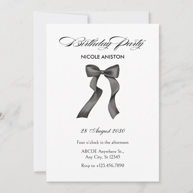 Black and white bow birthday invitation (Front)