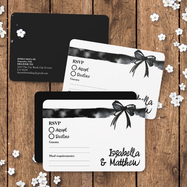 Black and White Bow Minimalist Trendy Wedding RSVP ( Black and White Bow Minimalist Trendy Wedding RSVP cards with food allergy tick boxes watercolour)