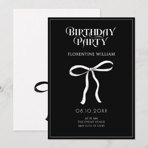 Black and white bow ribbon birthday invitation