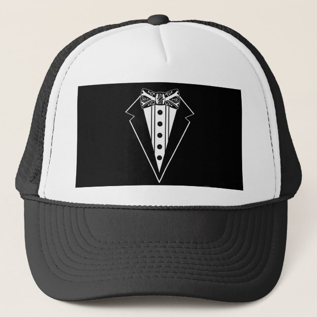 Black and White Bow Tie with Tux Trucker Hat (Front)