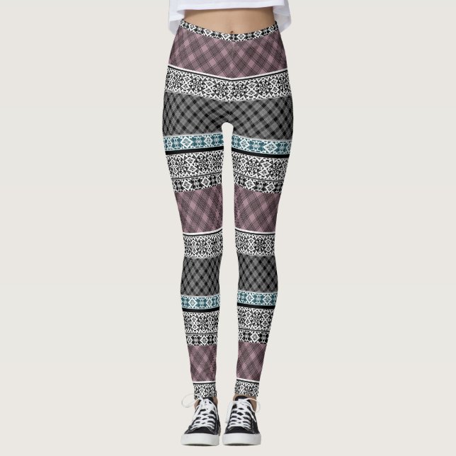 Black and white brown patchwork lace leggings (Front)