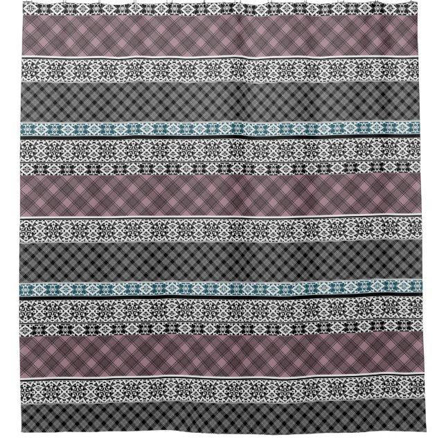 Black and white brown patchwork lace shower curtain (Front)
