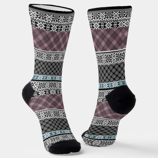 Black and white brown patchwork lace socks (Angled)