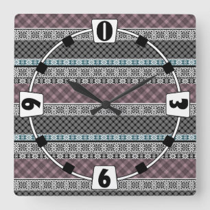 Black and white brown patchwork lace square wall clock