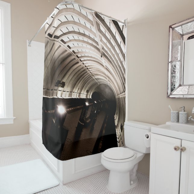 Black and White Brutalist Architecture Shower Curtain (In Situ)