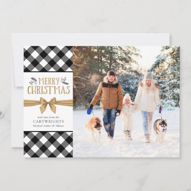 Black and White Buffalo Check Brown Kraft Holiday Card (Front)