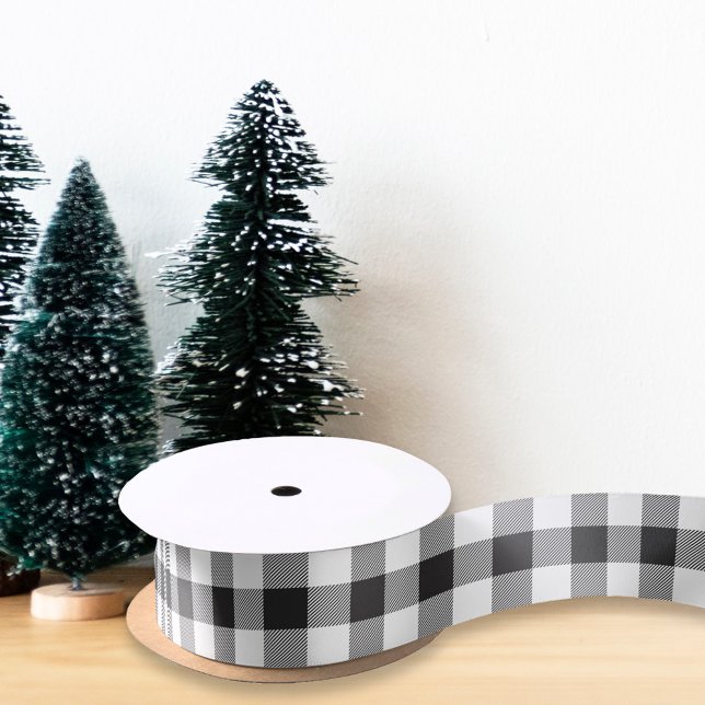 Black and White Buffalo Check Holiday Gift Satin Ribbon (Creator Uploaded)