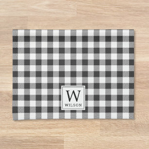 Black and White Buffalo Check Monogram Christmas Tea Towel