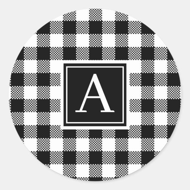 Black and White Buffalo Check Monogram Classic Round Sticker (Front)